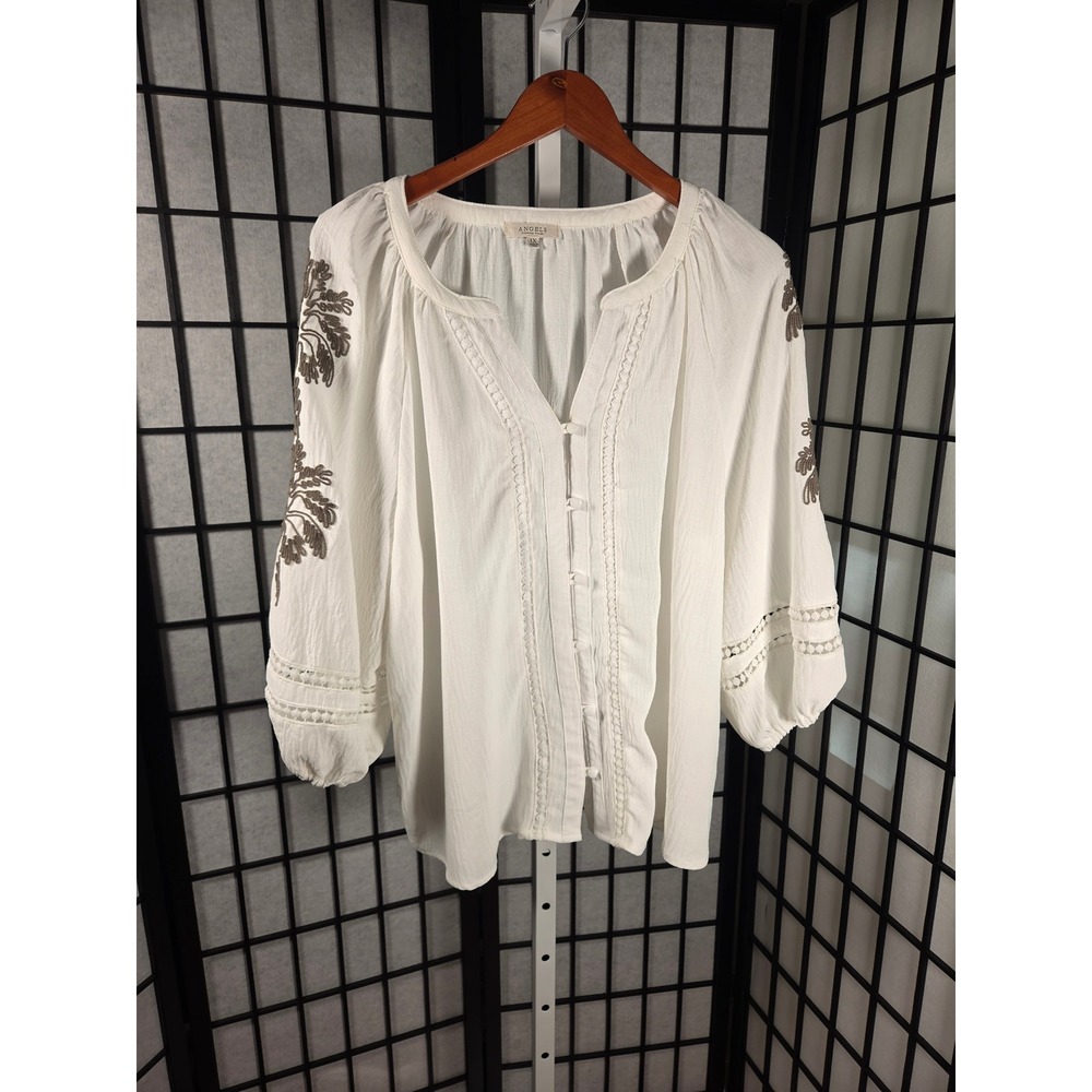 Angels Forever Young White Embroidered Peasant Blouse 1X Boho Lace Sleeve Top
